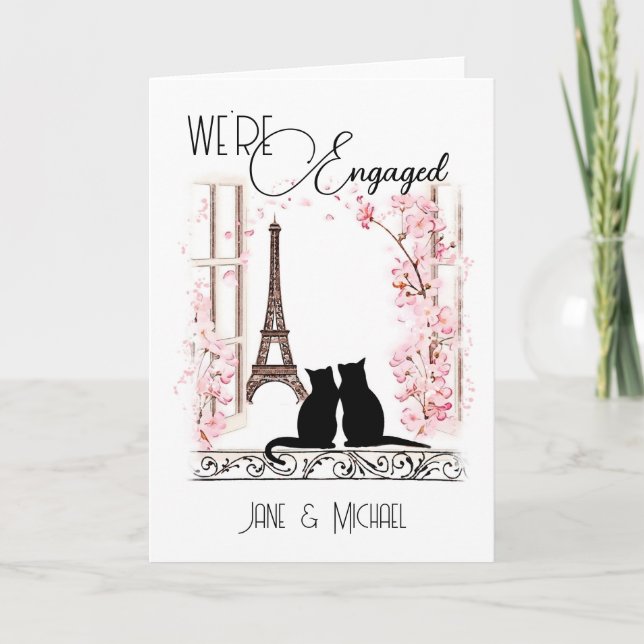 Personalized Engagement Card with Cute Paris Cats (Front)