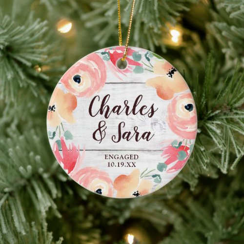 Personalized Engagement Farmhouse Floral Wreath Ceramic Ornament