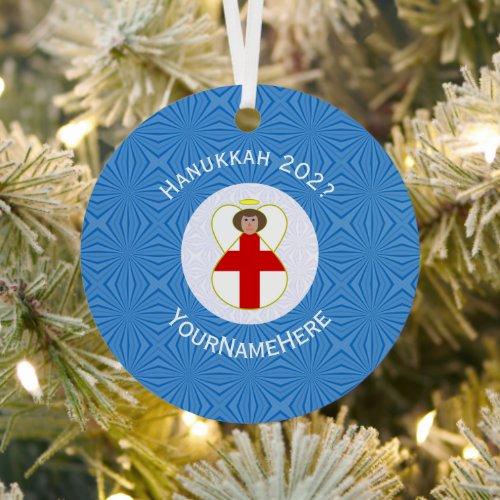 Personalized English Angel Hanukkah Flag Metal Ornament