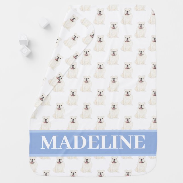 Personalized English Bulldog (White) Baby Blanket (In Situ)