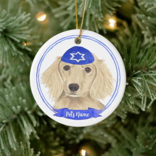 Personalized English Cream Dachshund Dog Hanukkah Ceramic Ornament