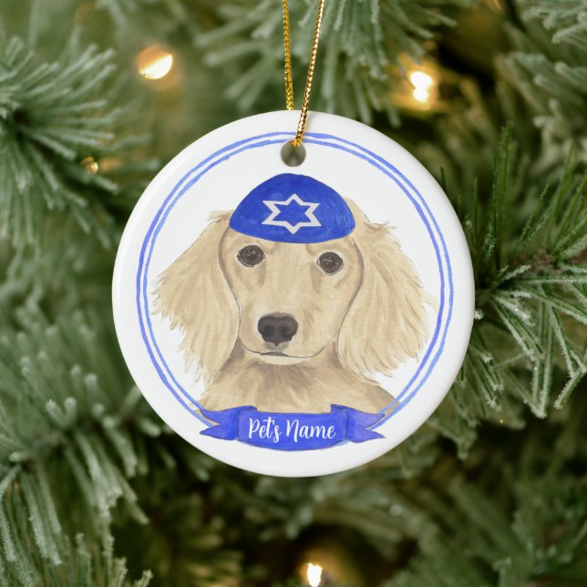 Personalized English Cream Dachshund Dog Hanukkah Ceramic Ornament (Tree)