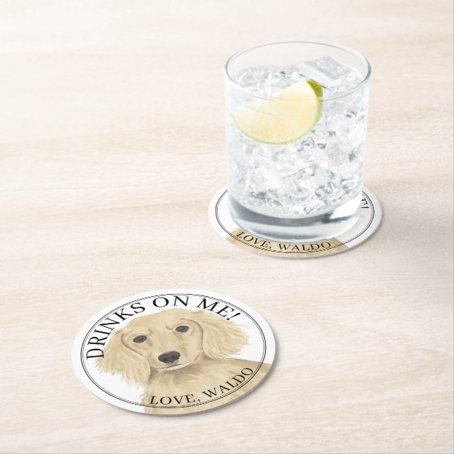 Personalized English Cream Dachshund Dog Wedding Round Paper Coaster (Insitu)