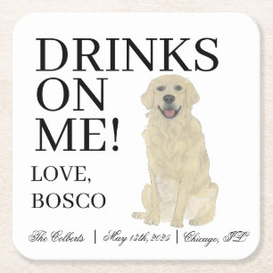 Personalized English Golden Retriever Wedding Square Paper Coaster