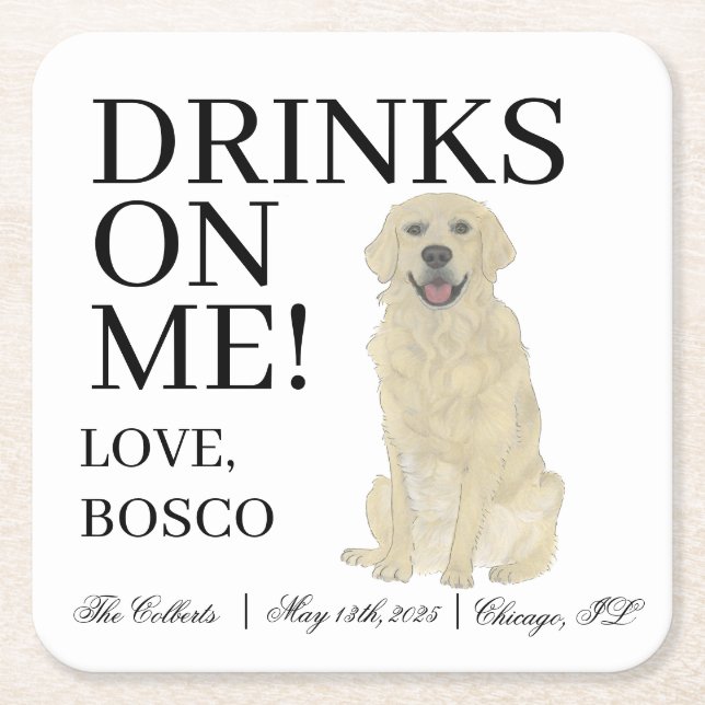 Personalized English Golden Retriever Wedding Square Paper Coaster (Front)
