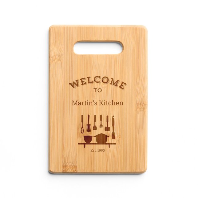 Personalized Engraved Name Welcome Kitchen Bamboo Cutting Board (Welcome Cutting Board in Hanging position)