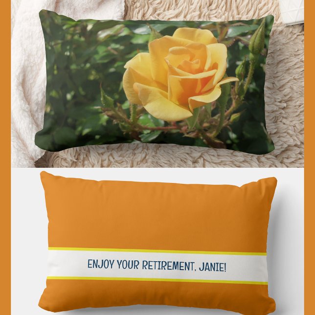 Personalized Enjoy Your Retirement Coworker Rose  Lumbar Pillow (Modern, elegant Enjoy Your Retirement personalized name accent pillow coworker Photo of  yellow rose)