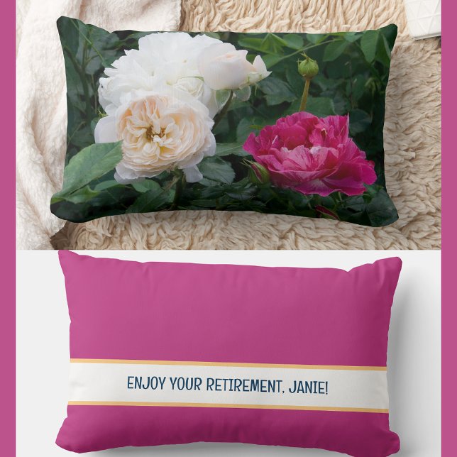 Personalized Enjoy Your Retirement Coworker Roses  Lumbar Pillow (Modern, elegant Enjoy Your Retirement personalized pillow. Photo of cream & streaked pink roses)