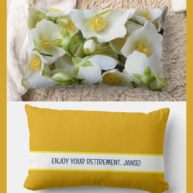 Personalized Enjoy Your Retirement Jasmine Flowers Lumbar Pillow (Elegant, modern personalized name Enjoy Your Retirement pillow. Jasmine flowers photo. Burnt yellow)