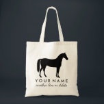 Personalized Equestrian Horse Riding Custom Name Tote Bag<br><div class="desc">This personalized tote bag features a black silhouette of a horse with a space for a rider's or horse's name and an extra line of custom text (add your barn/team name). Great for carrying riding gear, books, etc, it makes a very thoughtful end of year gift for your rider or...</div>