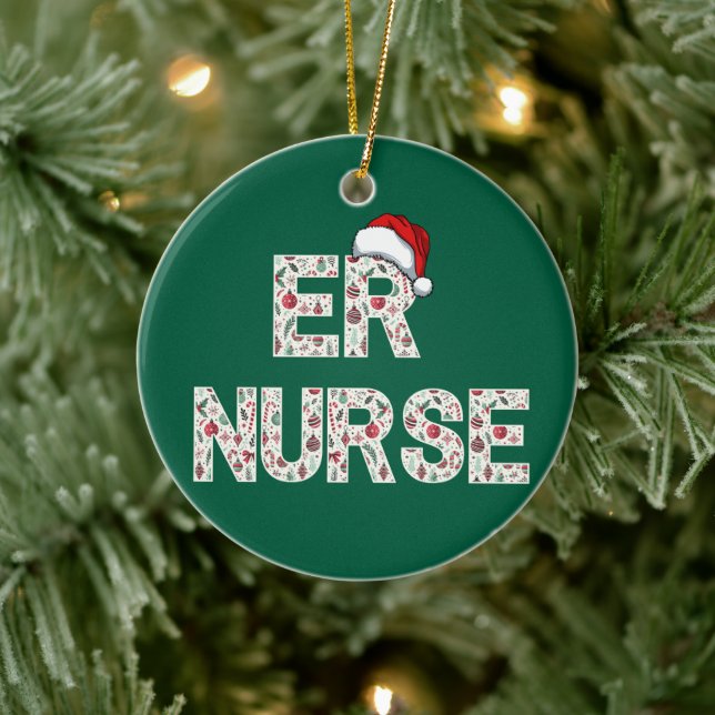 Personalized ER Nurse Christmas Gift Santa Trendy Ceramic Ornament (Tree)