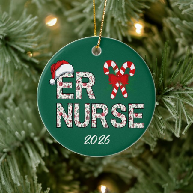 Personalized ER Nurse Christmas Santa  Ceramic Ornament (Tree)