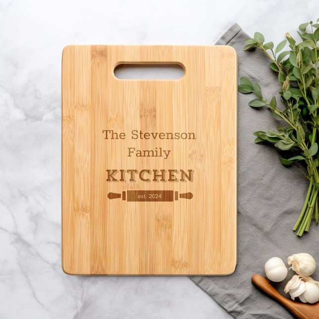 Personalized Etched Family Kitchen Bamboo Template Engraved Cutting Board (Engraved Family Name Kitchen Wooden Template Cutting board mock up )