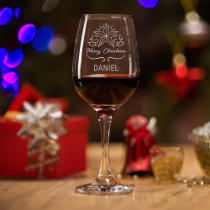 Personalized Etched Star & Holly Merry Christmas Wine Glass