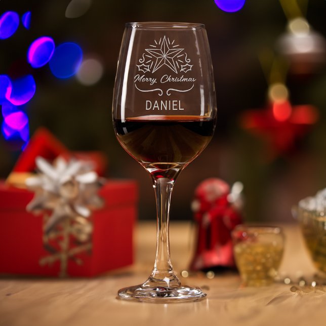 Personalized Etched Star & Holly Merry Christmas Wine Glass (Creator Uploaded)