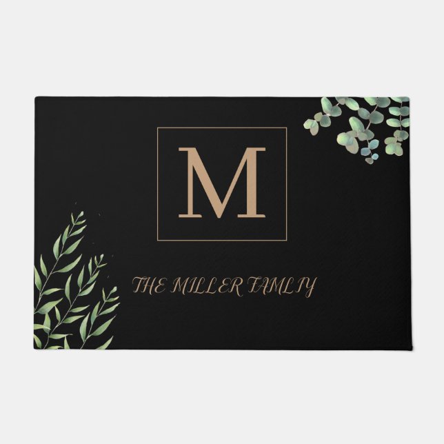 Personalized Eucalyptus Black Monogram Floral  Doormat (Front)