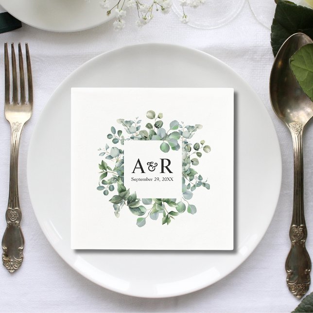Personalized Eucalyptus Couple Initials Wedding Napkins (Creator Uploaded)
