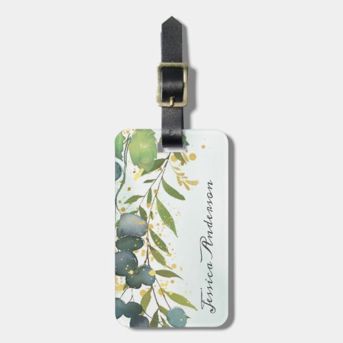 Personalized Eucalyptus Greenery Gold Luggage Tag - Elegant travel luggage tag featuring a faded watercolor washed out backdrop, botanical eucalyptus leaves, splashes of faux gold foil, and a stylish text template that is easy to personalize.