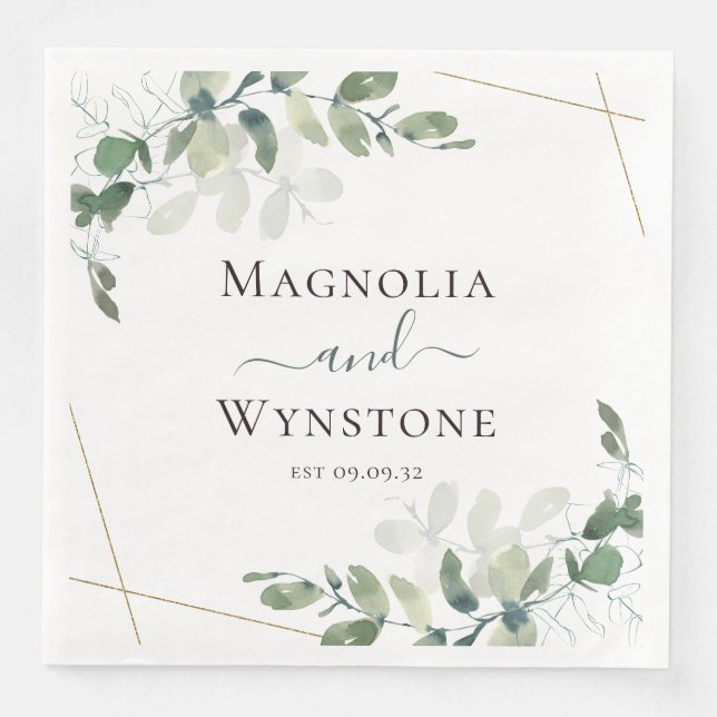 Personalized Eucalyptus Greenery Wedding Paper Dinner Napkins (Front)