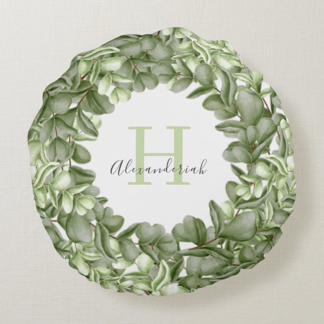 personalized eucalyptus greenery wreath round pillow (Back)