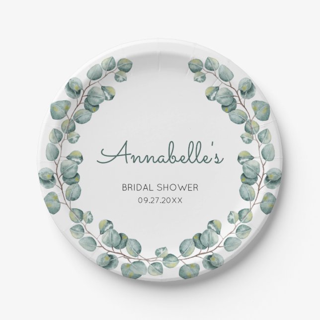 Personalized Eucalyptus Wreath  Bridal Shower Paper Plates (Front)