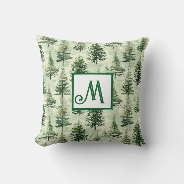 Personalized Evergreen Pine Trees Rustic Christmas Throw Pillow (Front)