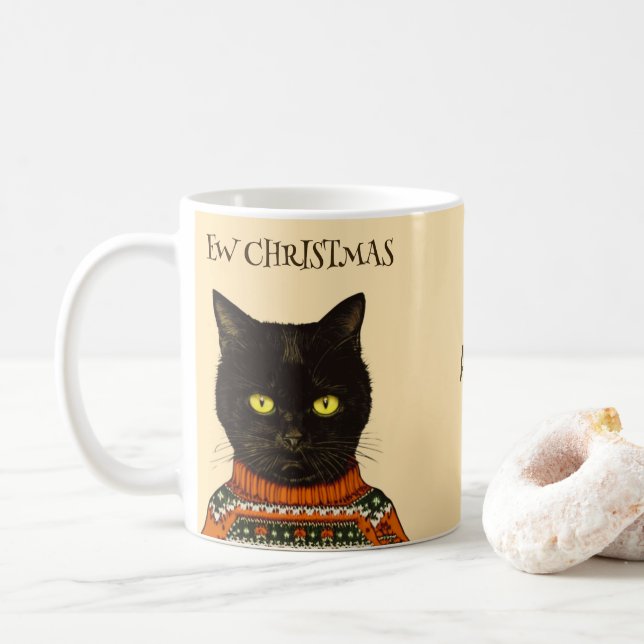 Personalized Ew Christmas Angry Bored Black Cat  Coffee Mug (With Donut)