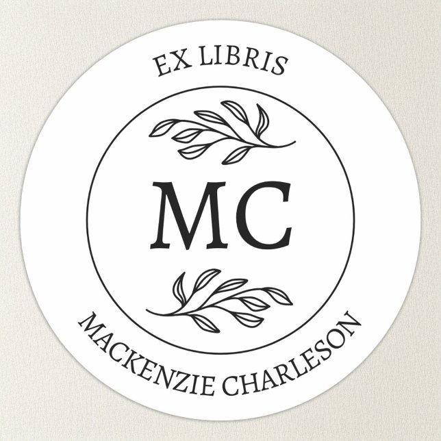 Personalized Ex Libris Monogram Bookplate (Botanical Leaf classical monogram initial personalized Ex Libris from the library of sticker)