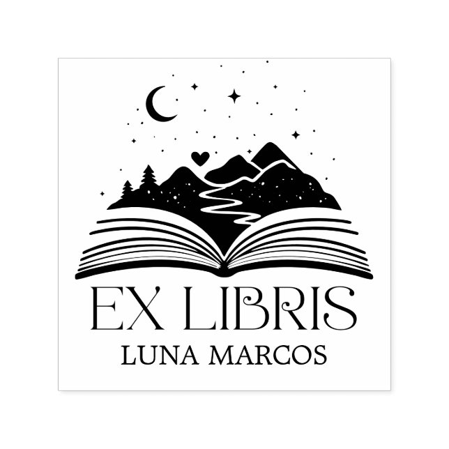 Personalized Ex Libris with a Book and Stars Heart Self-inking Stamp (Design)