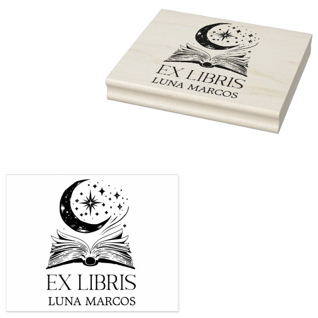 Personalized Ex Libris with a Book and Stars Rubber Stamp (Stamped)