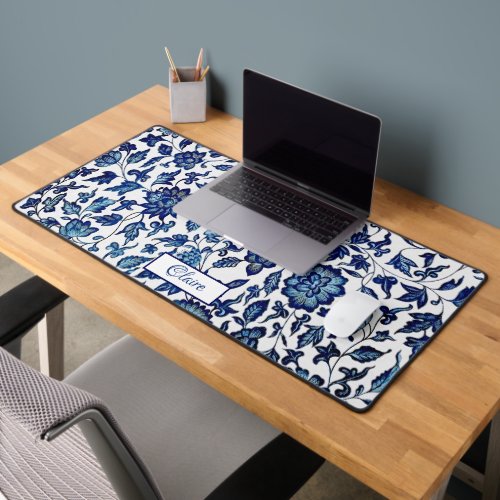 Personalized Exotic Chic Blue  White Floral Desk Mat