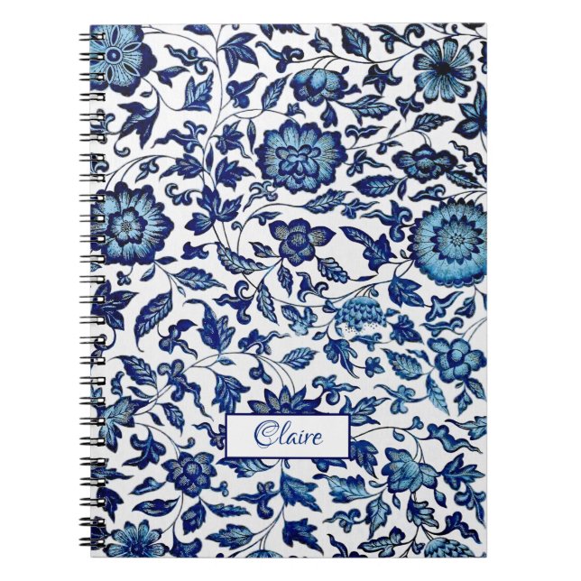 Personalized Exotic Chic Blue & White Floral Notebook (Front)