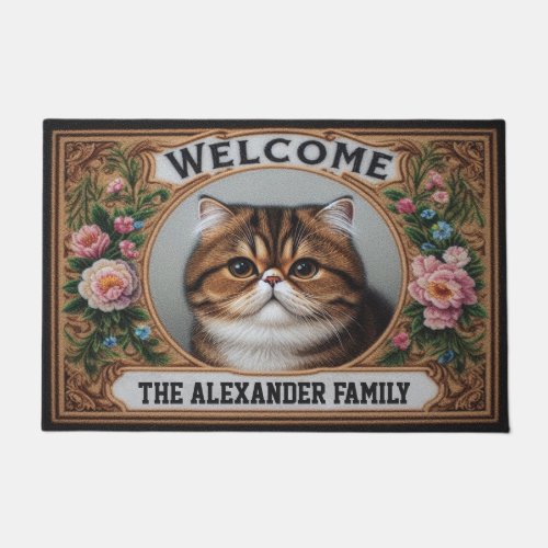 Personalized Exotic shorthair Cat Floral Welcome Doormat