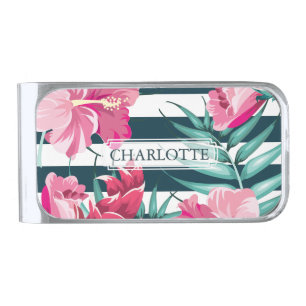 Personalized Exotic Summer Flowers striped Silver Finish Money Clip