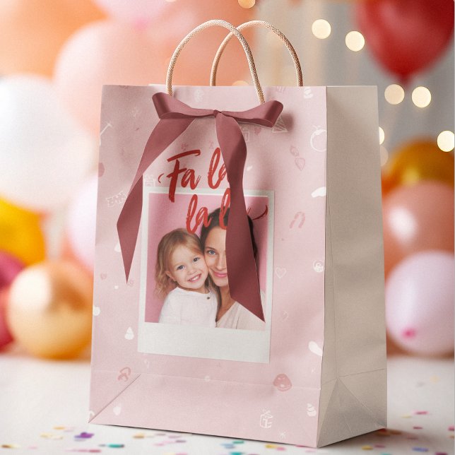 Personalized Fa La La La Pink Christmas Photo Medium Gift Bag (Creator Uploaded)