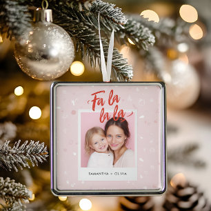 Personalized Fa La La La Pink Christmas Photo Metal Ornament