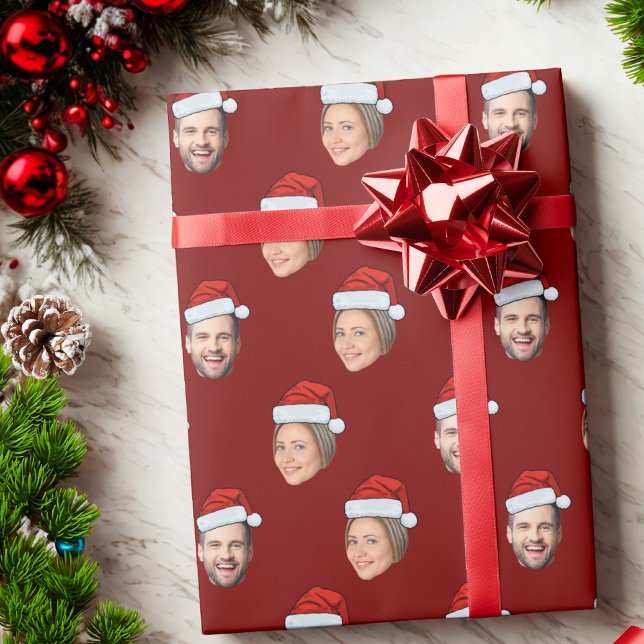 Personalized Face 2 Photo Santa Hat Christmas Gift Wrapping Paper (Creator Uploaded)