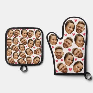 Personalized Face Custom Photo With Heart Couple Oven Mitt & Pot Holder Set