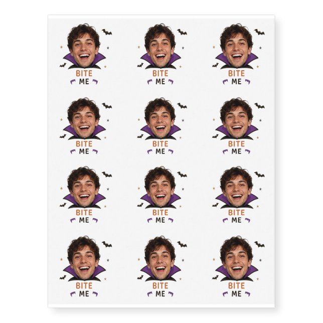 Personalized Face Halloween Funny Bite Me Vampire  Temporary Tattoos (Front)