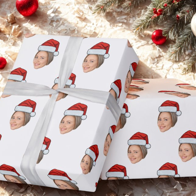 Personalized Face Photo Santa Hat Christmas Gift Wrapping Paper (Creator Uploaded)