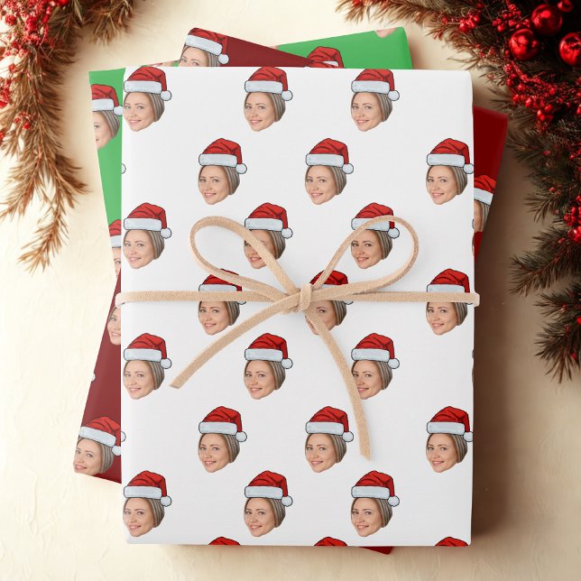 Personalized Face Photo Santa Hat Christmas Gift Wrapping Paper Sheets (Creator Uploaded)