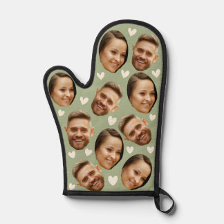 Personalized Face Picture Heart Couple Sage Green Oven Mitt