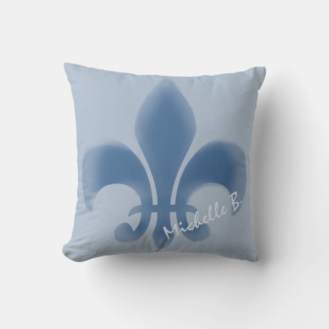 Personalized Faded Blue Fleur de Lis Throw Pillow (Front)