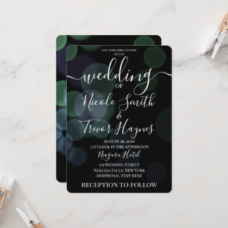 Personalized Faded Bokeh Bubbles on Black Wedding Invitation