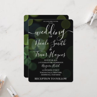 Personalized Faded Bokeh Bubbles on Black Wedding Invitation