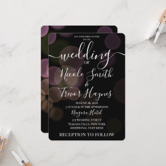 Personalized Faded Bokeh Bubbles on Black Wedding Invitation