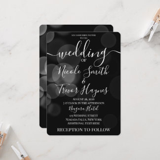 Personalized Faded Bokeh Bubbles on Black Wedding Invitation