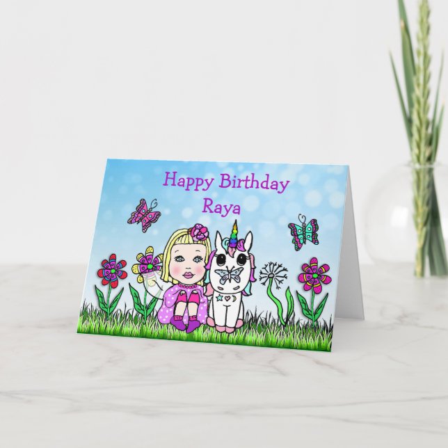 Personalized Fairy and Unicorn  Happy Birthday Card (Front)