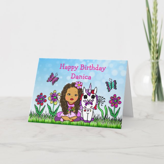 Personalized Fairy and Unicorn  Happy Birthday Card (Front)