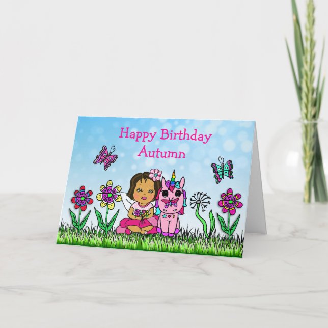 Personalized Fairy and Unicorn  Happy Birthday Card (Front)